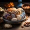 Close-up view of an assortment of festive and colorful cookies, neatly arranged in a blue dish on a wooden table