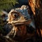 Close up view of a baby dinosaur watching closely into the camera