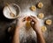 Close up view of baker kneading dough. Homemade bread. Hands preparing bread dough on wooden table. Preparing traditional