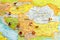 Close up view of Balkan peninsula on geographical globe, Map shows capitals countries Serbia - Belgrade, Bulgaria -