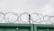 Close-up view of barbed wire in prison. Jail with barbed wire fence. Green fence with barbed wire