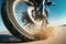 Close-up view of beach motorcycle with sand flying in air. Dynamics. Beach sports. Summer tropical vacation concept.