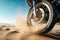 Close-up view of beach motorcycle with sand flying in air. Dynamics. Beach sports. Summer tropical vacation concept.