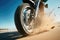 Close-up view of beach motorcycle with sand flying in air. Dynamics. Beach sports. Summer tropical vacation concept.