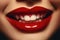Close up view of beautiful female lips with red glossy lipstick. Open mouth