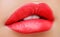 Close up view of beautiful woman lips with purple matt lipstick. Open mouth with white teeth. Cosmetology, drugstore or fashion