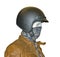 Close up view biker\'s face of mannequin in helmet on a white background