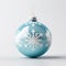 Close up view of blue Christmas ball with white snowflakes paintings. Decoration shiny bauble isolated white background. Design of