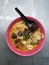 Close up view of a bowl of curry noodles or locally called