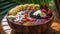 Close-up view of a bowl of fruits. banana, strawberries, blueberries, kiwi. on top of a table with many details