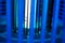 Close-up view of the bright blue glowing UV lamp. Electric insect killer