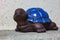 Close up view of a brown and blue decorative turtle