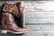 Close up view of brown leather man or woman new dry clean shoes, showing laces in detail.