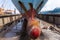 Close up view on the bulbous bow of the big container ship.