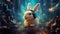 Close Up View Of Bunny Listening Music With Headphones. Cute Rabbit Sleeping And Loving Melody,Tunes And Beats. Generative AI