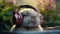 Close Up View Of Bunny Listening Music With Headphones. Cute Rabbit Sleeping And Loving Melody,Tunes And Beats. Generative AI