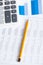 Close-up view of business stationery: pen, diagrams