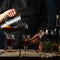 Close-up view of chef pours mulled wine into glasses on rustic wooden table with festive composition background. Backstage of