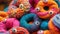 A close-up view of a collection of yarn and knitted donuts with expressive eyes, blending creativity and whimsy in a charming