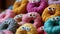 A close-up view of a collection of yarn and knitted donuts with expressive eyes, blending creativity and whimsy in a charming