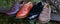 Close up view of a colored a lot of pairs of a shoes, arranged on a wooden, on a park background, copy space.