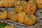 Close up view of colorful autumn season warty pumpkins