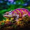 Close up view of a colorful chameleon.