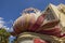 Close up view of colorful Flamingo hotel facade on Strip of Las Vegas, Nevada,