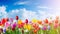 close-up view of colorful tulips in a field, bathed in the warm sunlight of a beautiful spring day.