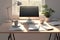 Close up view of comfortable office desk with laptop