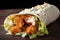 A close-up view of a crispy and spicy buffalo chicken wrap. (Generative AI)