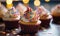 Close up view of cupcakes with festive frosting