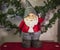 Close up view of cute gnome figure on christmas decoration background.