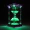 Close-up view of cyberpunk hourglass with green neon liquid inside on dark background. Sandglass, sand timer with fluid