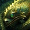 Close up view of a dangerous green snake and gold filigree. Generative Ai