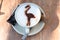close-up view of a delicious coffee with milk and a Camargue flamingo in chocolate powder