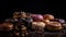 Close-up view of delicious stack of chocolate glazed donuts with various toppings.