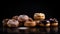 Close-up view of delicious stack of chocolate glazed donuts with various toppings.