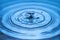 Close up view of Drops making circles on blue water surface isolated on background