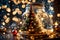 A close-up view of an elegantly crafted Christmas tree displayed inside a glass jar, set against a background of mesmerizing bokeh
