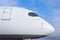 Close up view of empty pilot cabin of passenger jet airplane