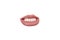 Close up view of female mouth wearing nude lipstick isolated over white studio background
