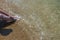 Close up view of female sitting on sand beach with legs in oncoming wave.