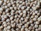 Close-up view of fish pellet texture, brown pellets background