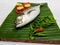 Close up view of fresh Finletted Mackerel Fish Torpedo Scad Fish decorated with curry leaves , tomato,lemon slice and herbs