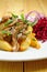 Close up view of fried potato, beetroot, pickled cabbage and mushrooms