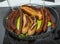 Close up view of fried sausages on big plate. Hotdogs concept. Homemade food concept