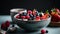 Close-up view of a fruit bowl strawberries, blueberries on top of a table by AI