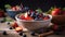 Close-up view of a fruit bowl strawberries, blueberries on top of a table by AI
