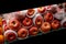 Close up view of fruits shelf in supermarket. Apple background